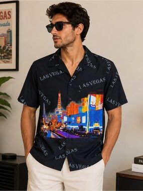 Pacific & Co Las Vegas Button Up Shirt Men’s Small Black Retro Casino Print
